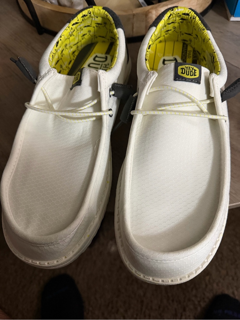 Hey Dude White Canvas Slip-On Loafers with Yellow Lining